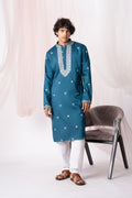 Dark Turquoise Sequence Embroidery Kurta For Men