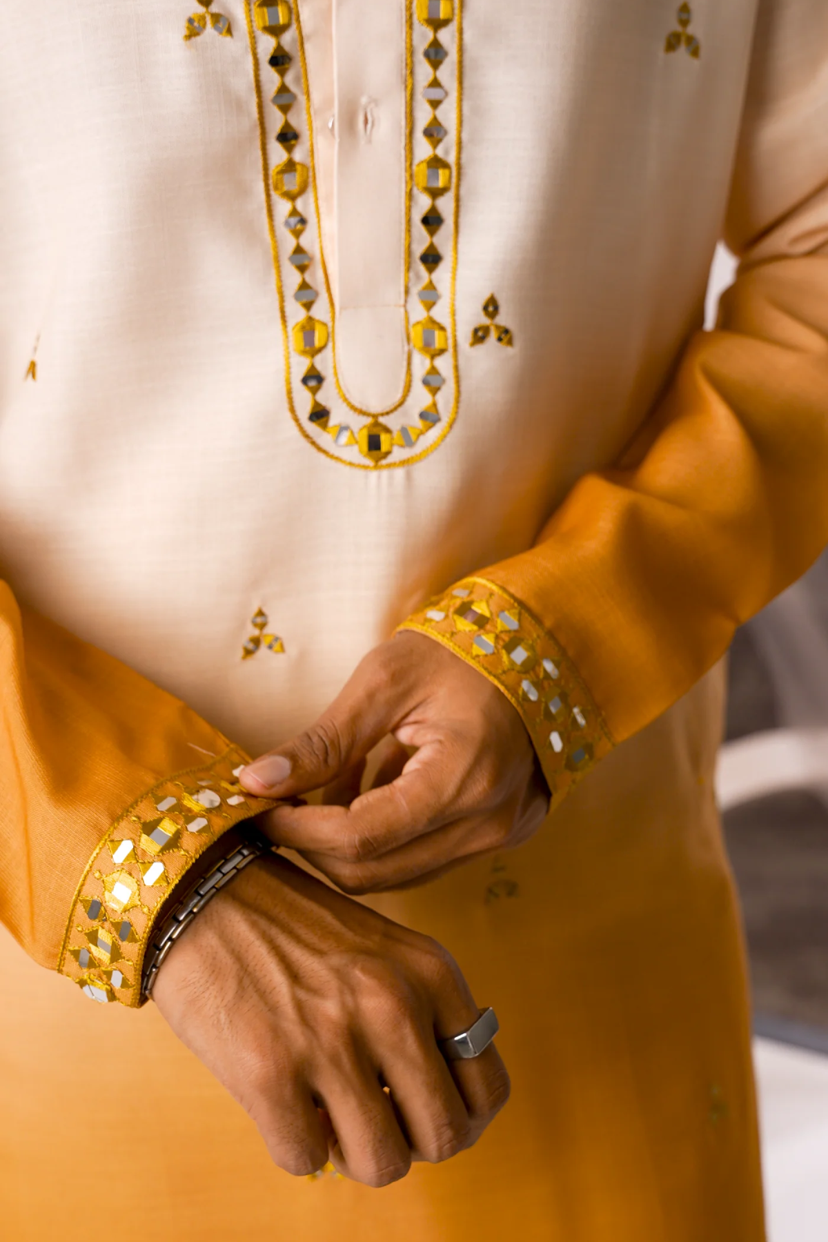 Mustard Digital Embroidery Kurta For Men