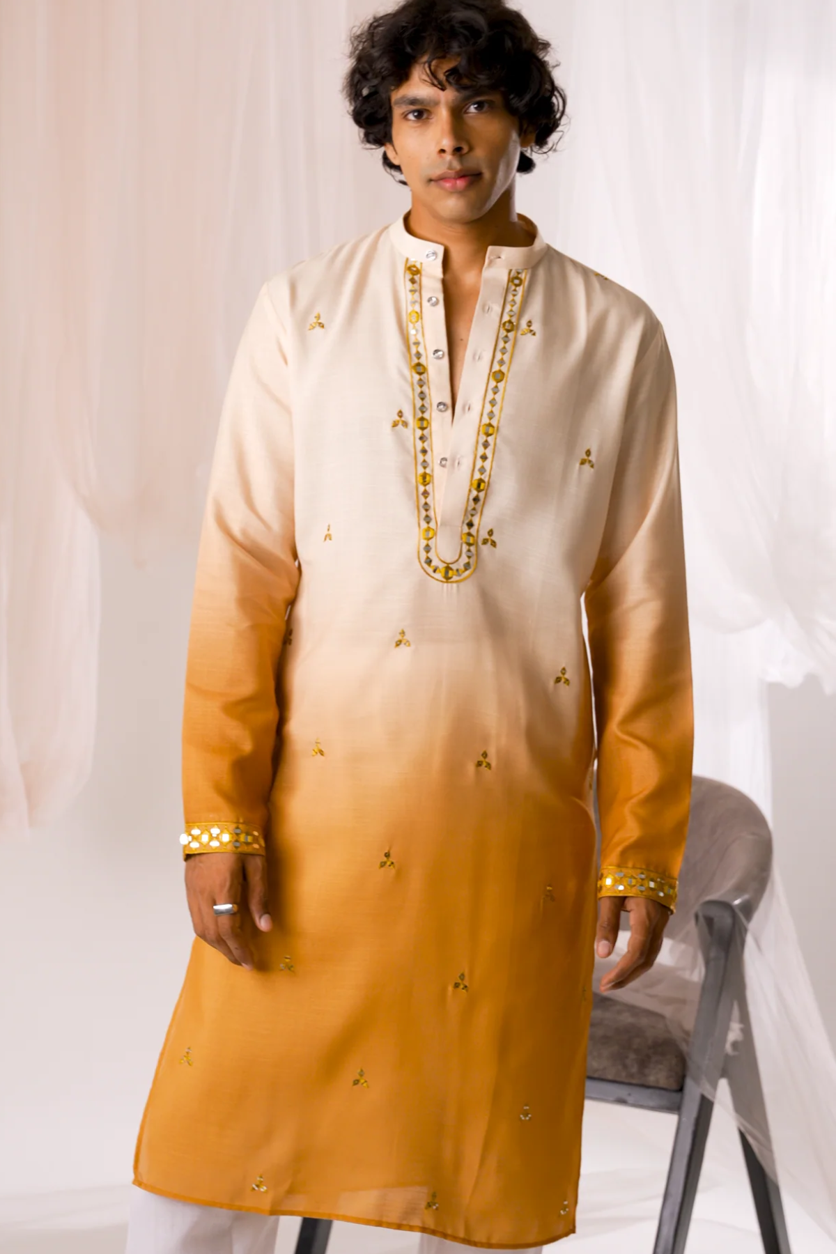 Mustard Digital Embroidery Kurta For Men