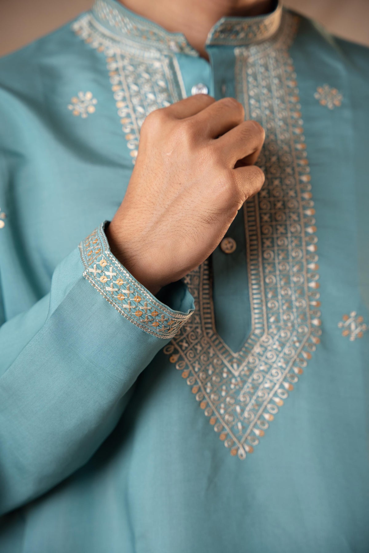 Paris Green Sequence Embroidery Kurta for Men