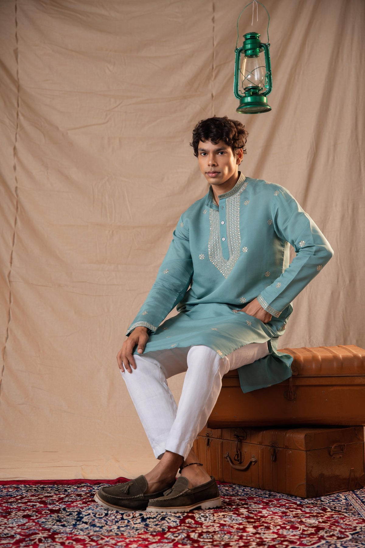 Paris Green Sequence Embroidery Kurta for Men