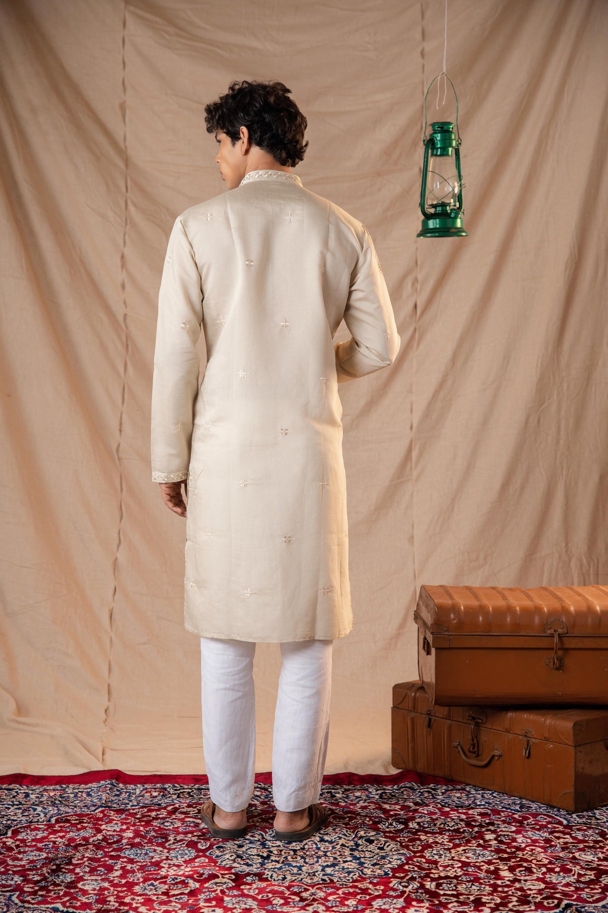 Sand Tone Sequence Embroidery Kurta for Men