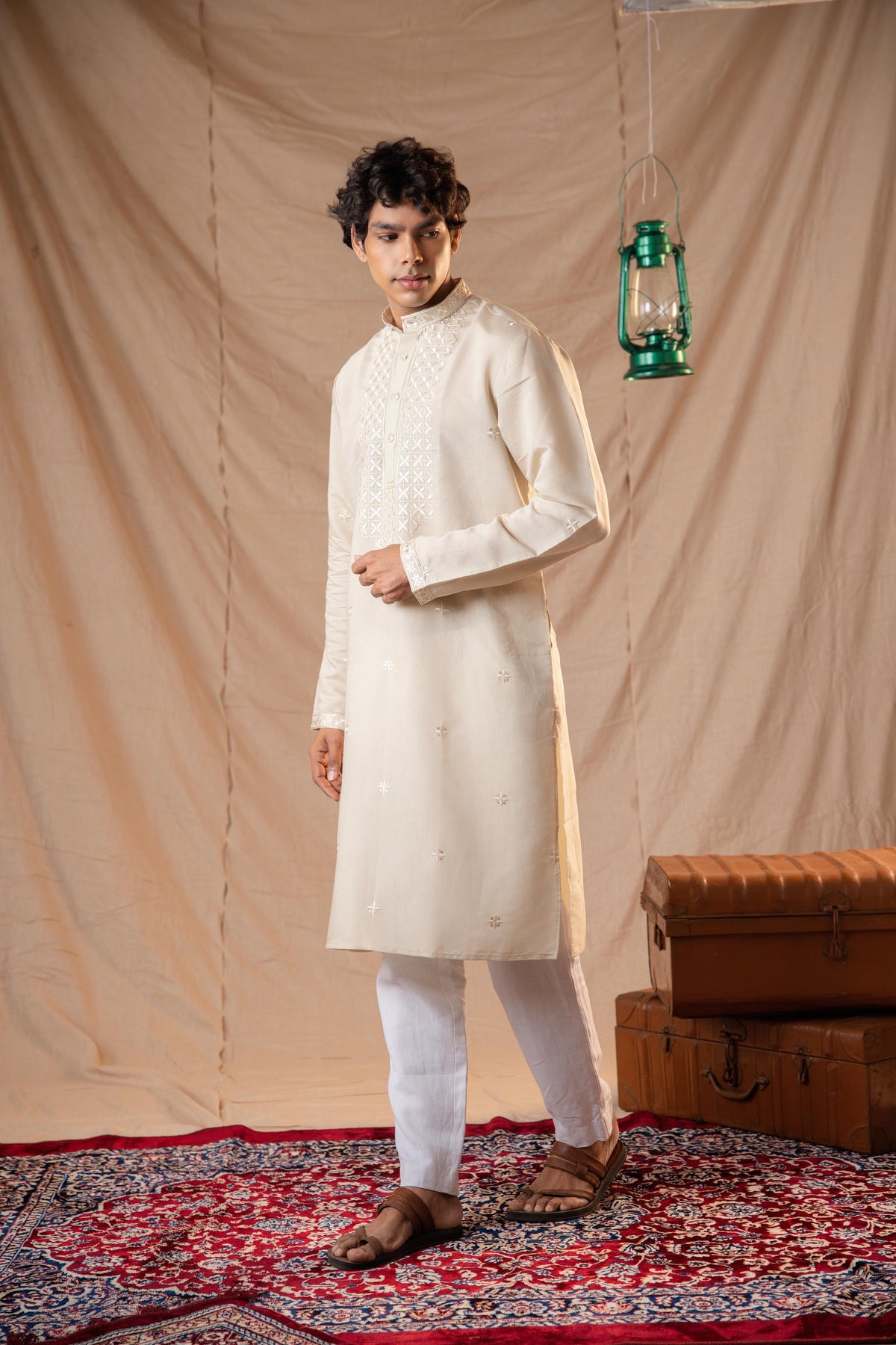 Sand Tone Sequence Embroidery Kurta for Men