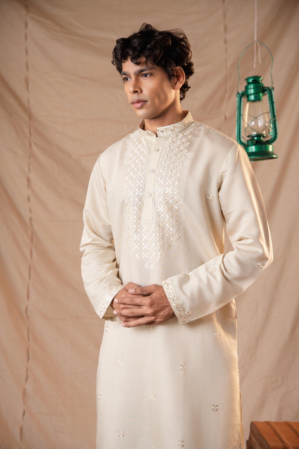 Sand Tone Sequence Embroidery Kurta for Men