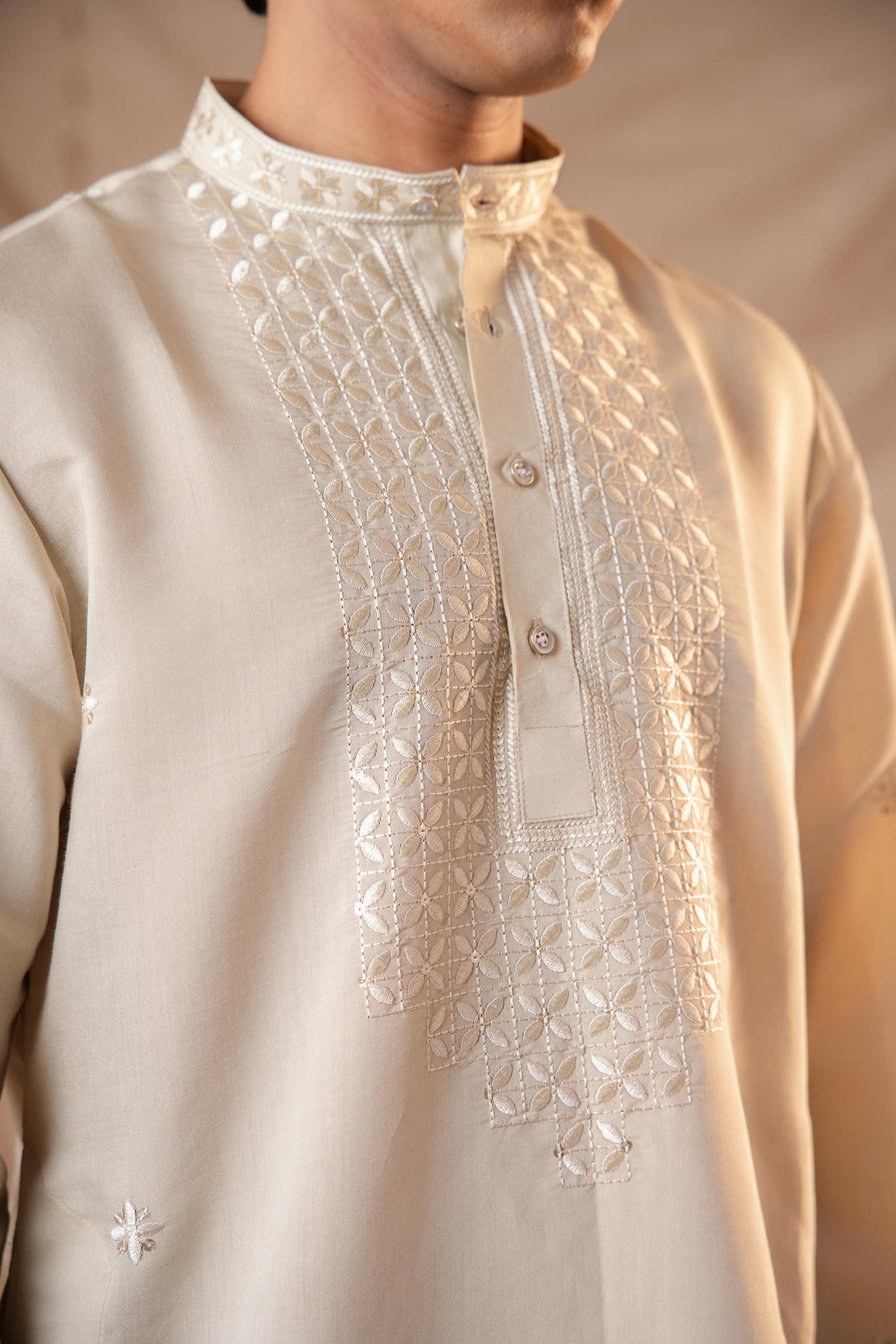 Sand Tone Sequence Embroidery Kurta for Men