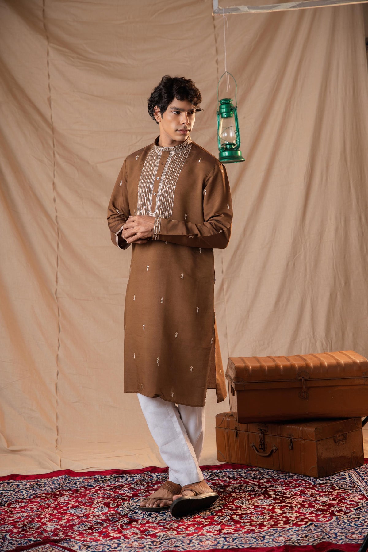 Brown Sequence Embroidery Kurta for Men