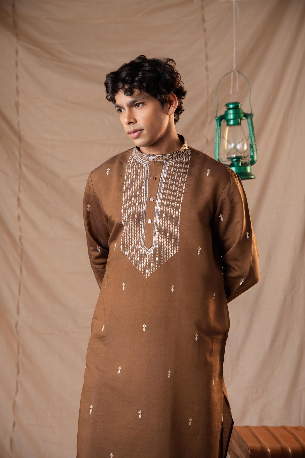 Brown Sequence Embroidery Kurta for Men