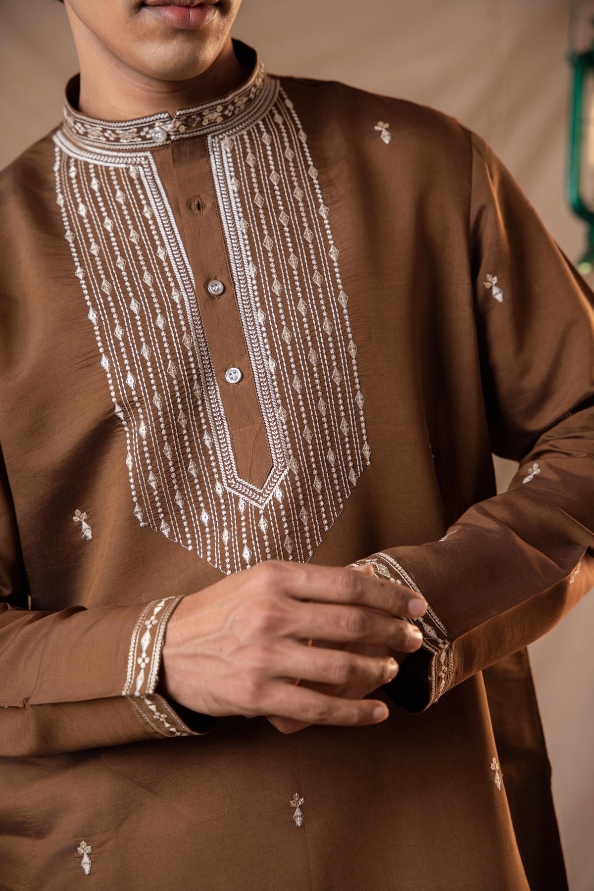 Brown Sequence Embroidery Kurta for Men