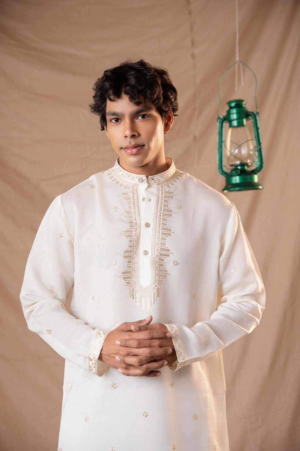 Off White Sequence Embroidery Kurta For Men