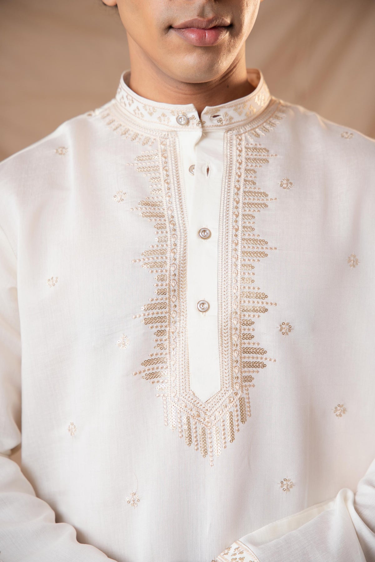 Off White Sequence Embroidery Kurta For Men