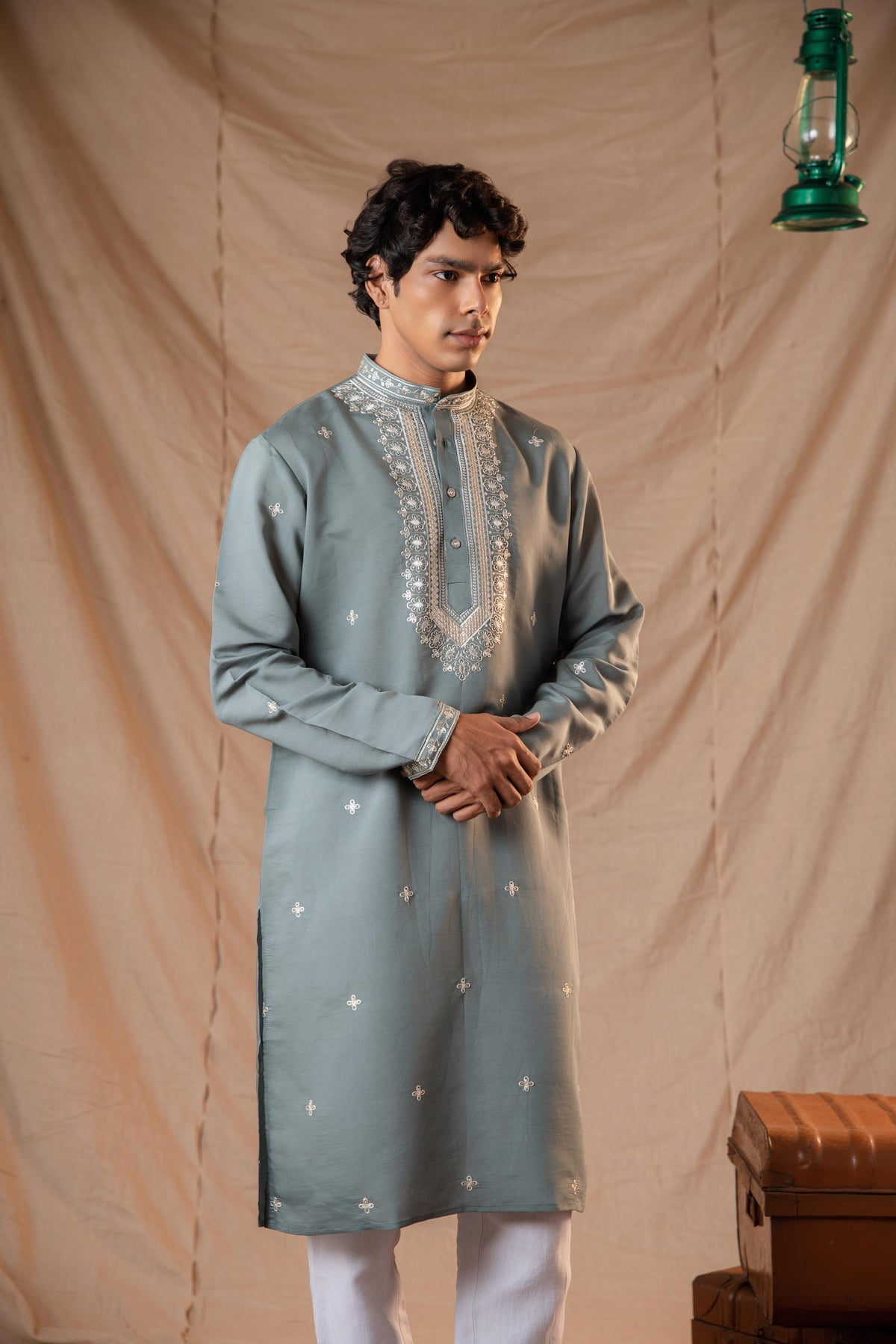 Moss Green Embroidery Kurta for Men