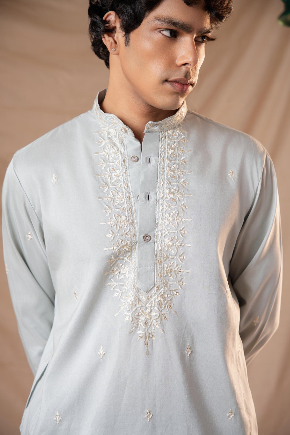 Powder Blue Sequence Embroidery Kurta for Men