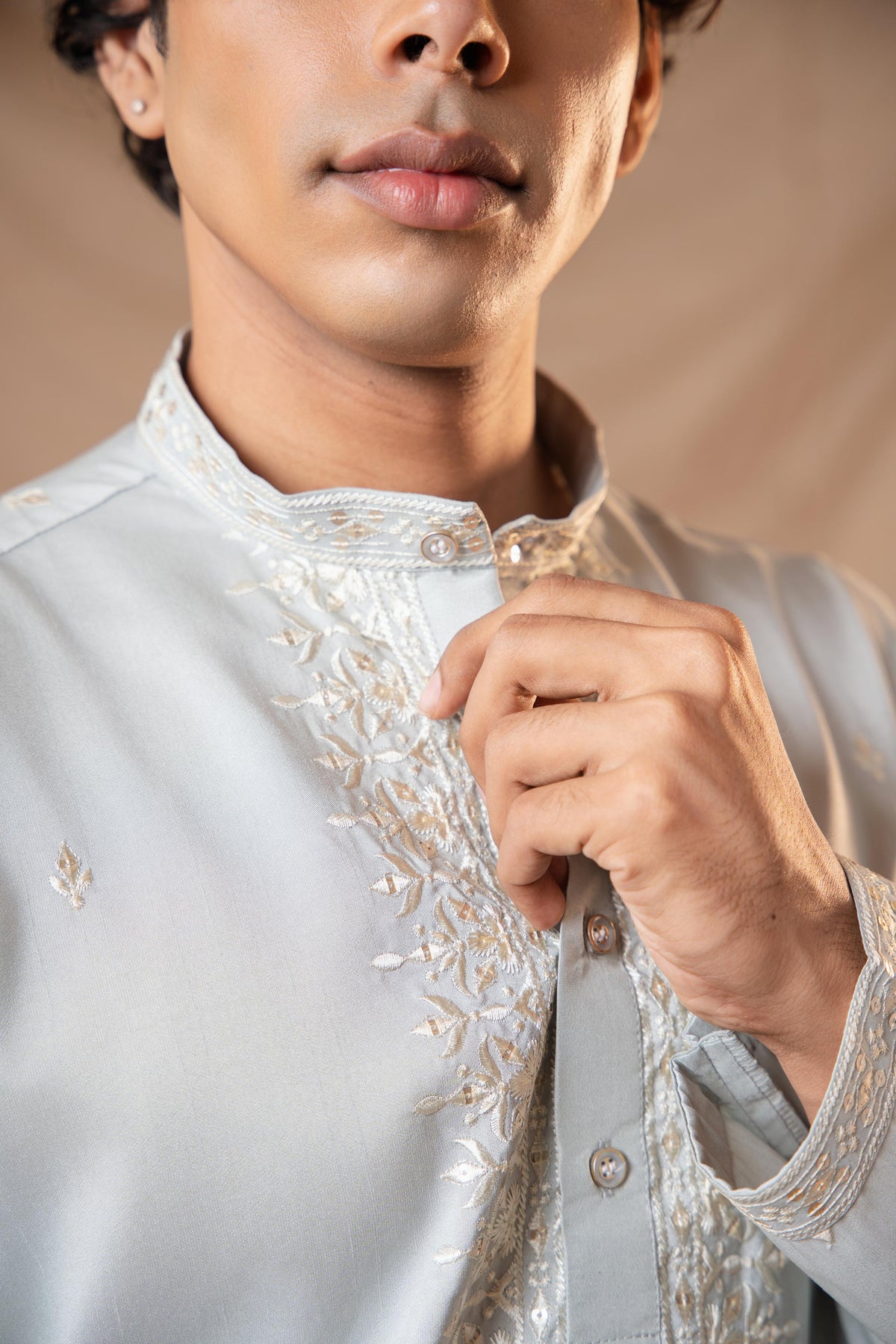 Powder Blue Sequence Embroidery Kurta for Men