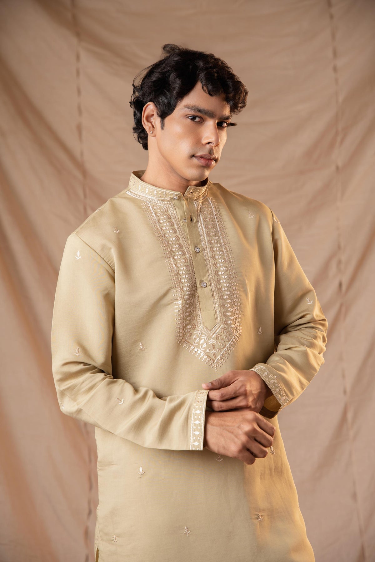 Olive Green Sequence Embroidery Kurta for Men