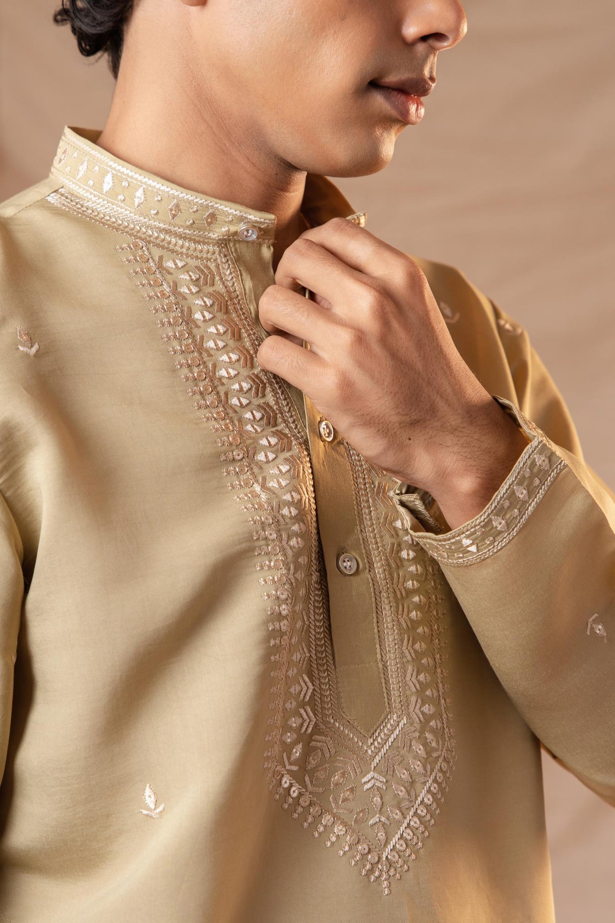 Olive Green Sequence Embroidery Kurta for Men