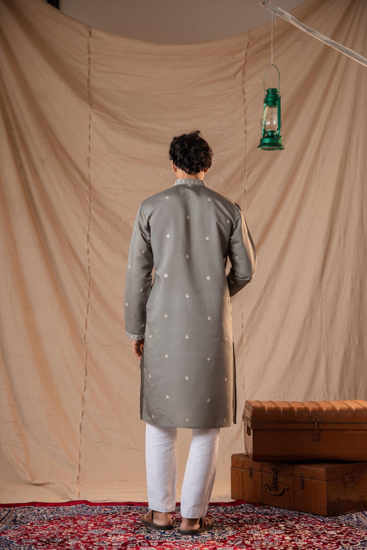 Ash Grey Sequence Embroidery Kurta for Men