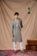 Ash Grey Sequence Embroidery Kurta for Men