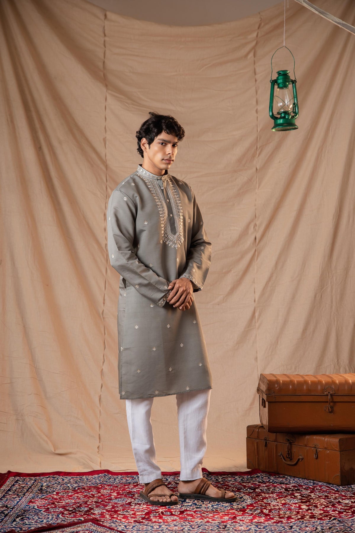 Ash Grey Sequence Embroidery Kurta for Men