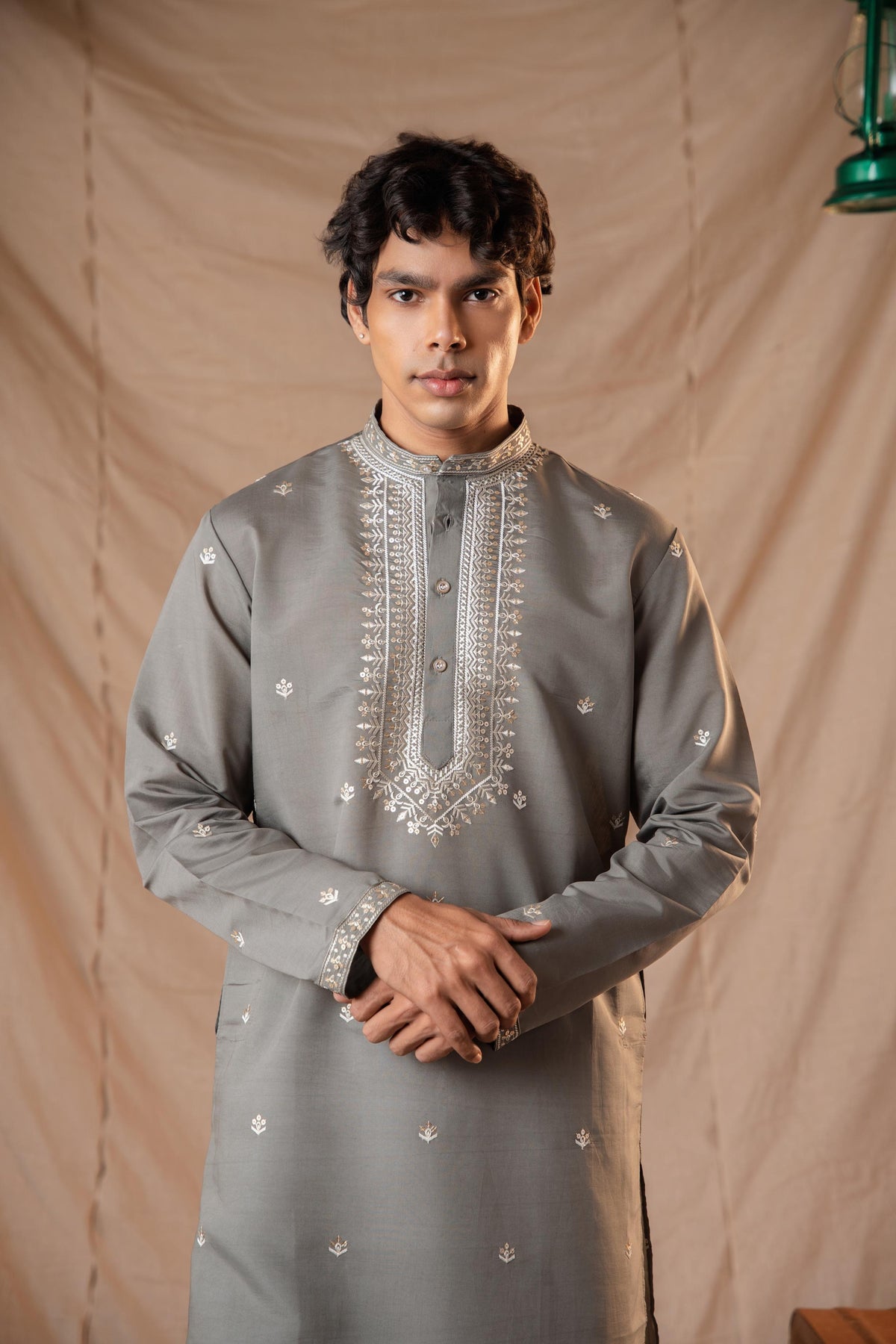 Ash Grey Sequence Embroidery Kurta for Men