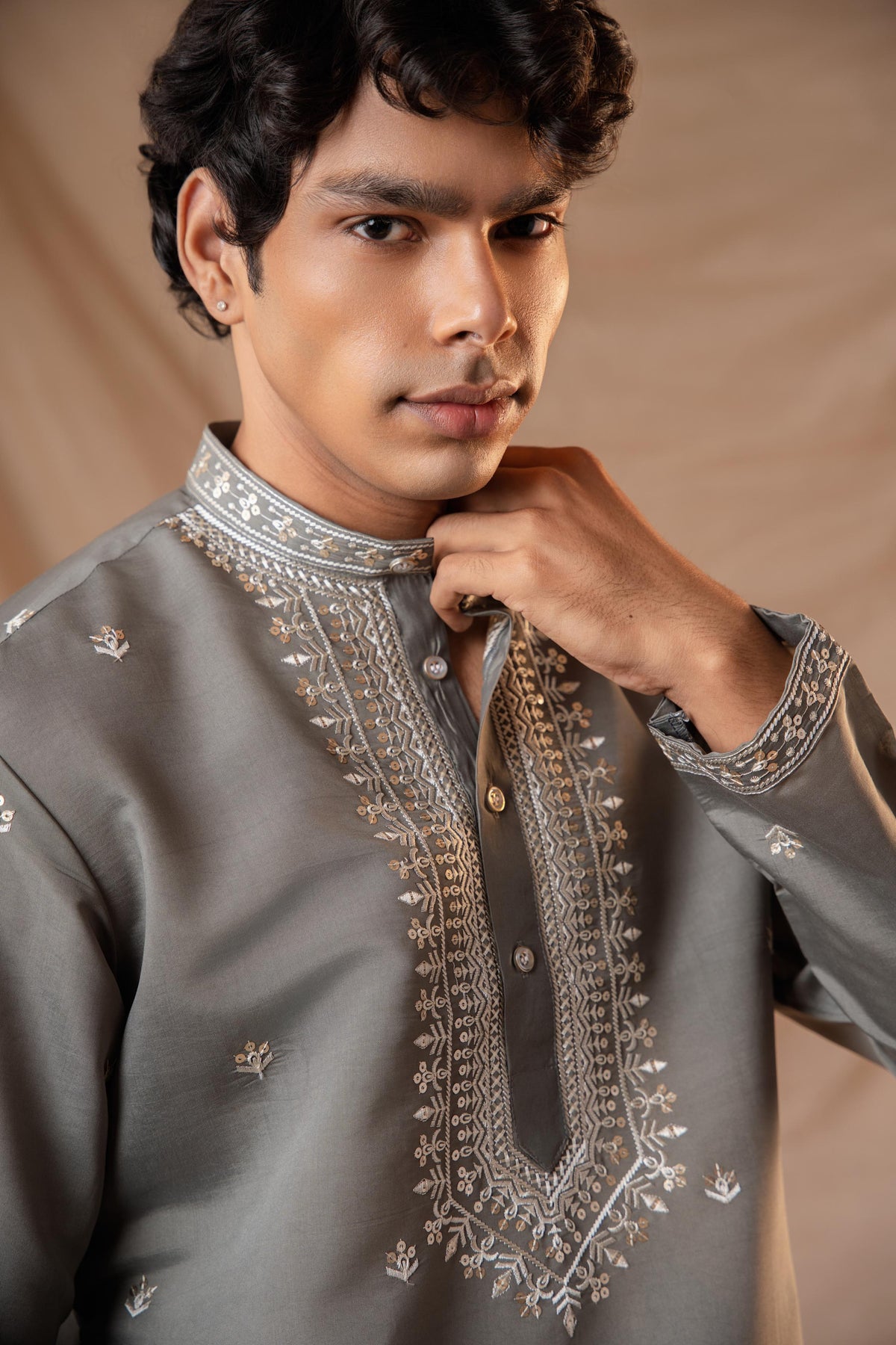 Ash Grey Sequence Embroidery Kurta for Men