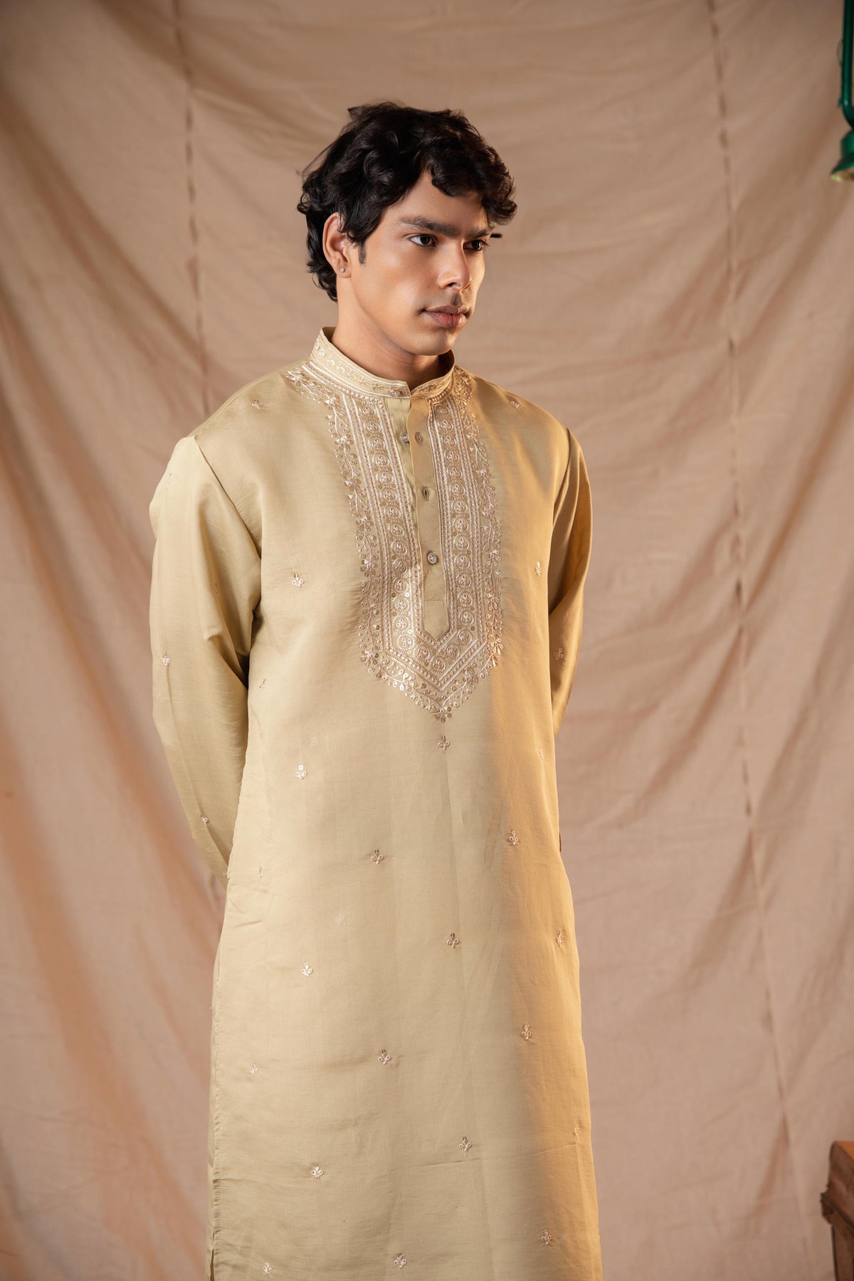 Dark Olive Sequence Embroidery Kurta for Men