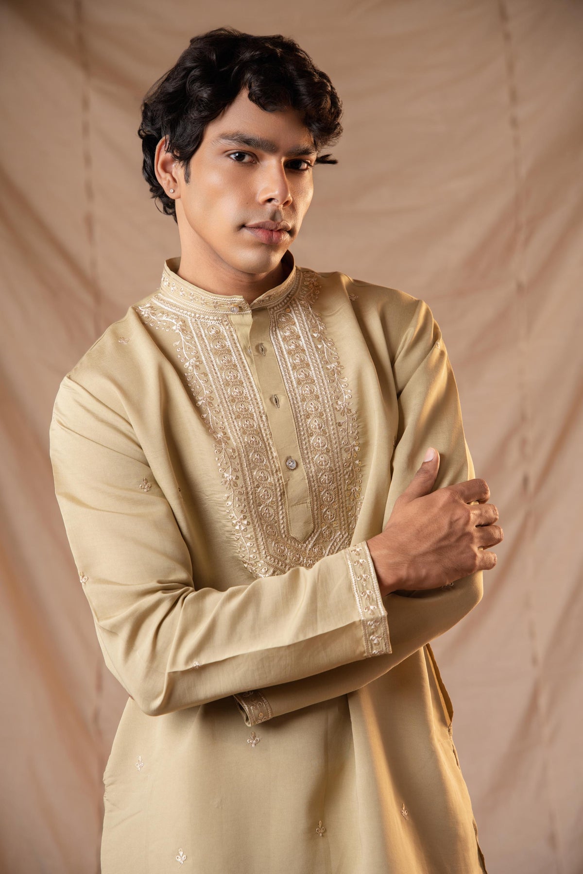 Dark Olive Sequence Embroidery Kurta for Men