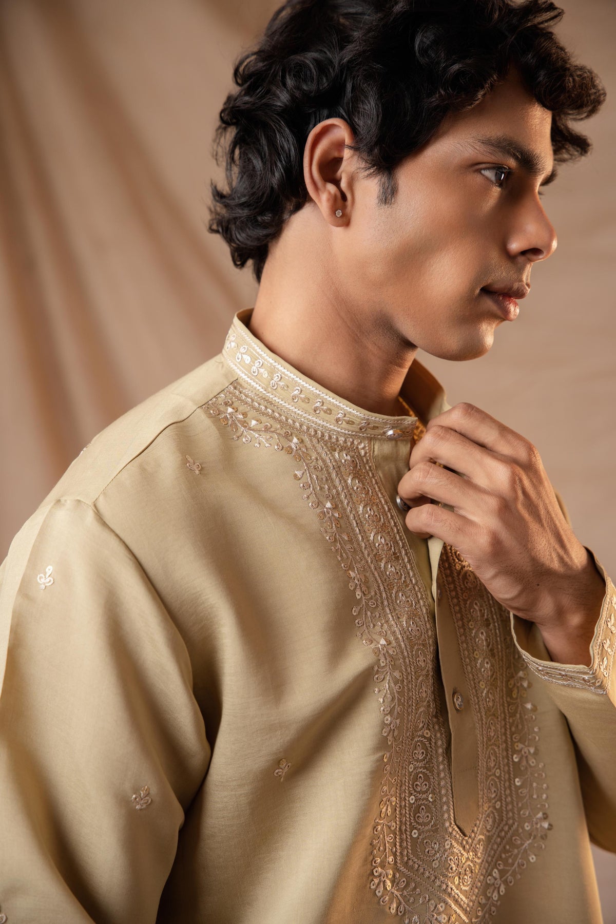 Dark Olive Sequence Embroidery Kurta for Men