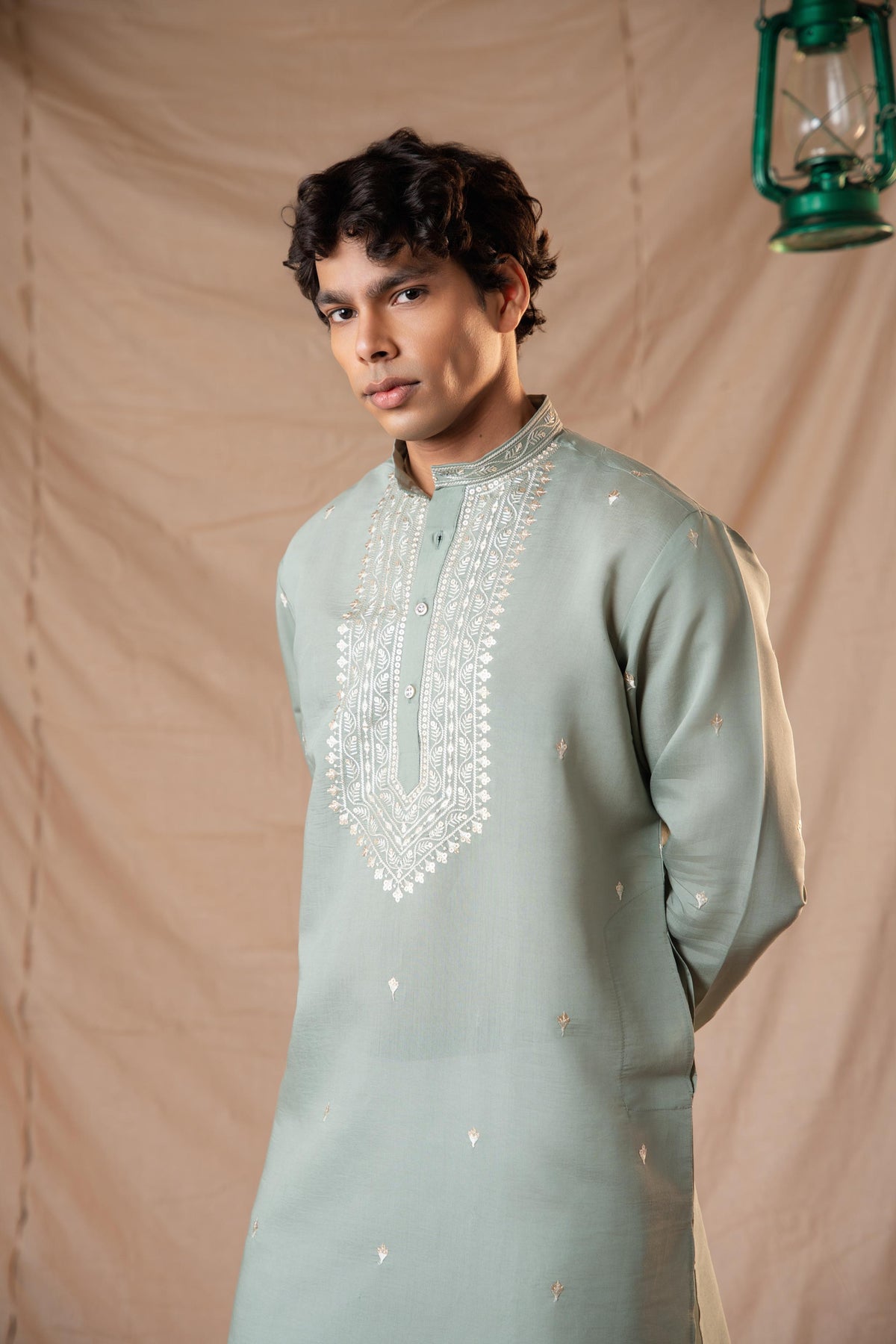 Pistachio Green Embroidery Kurta for Men