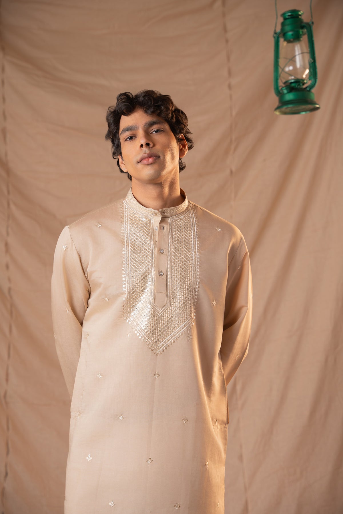 Coffee Sequence Embroidery Kurta for Men