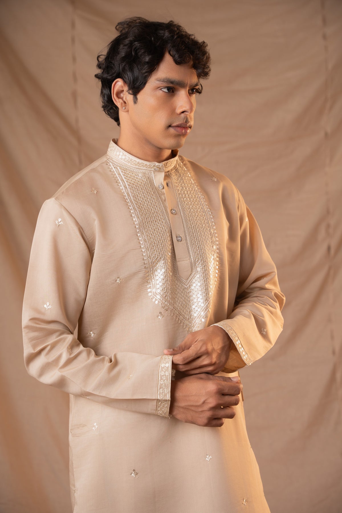 Coffee Sequence Embroidery Kurta for Men