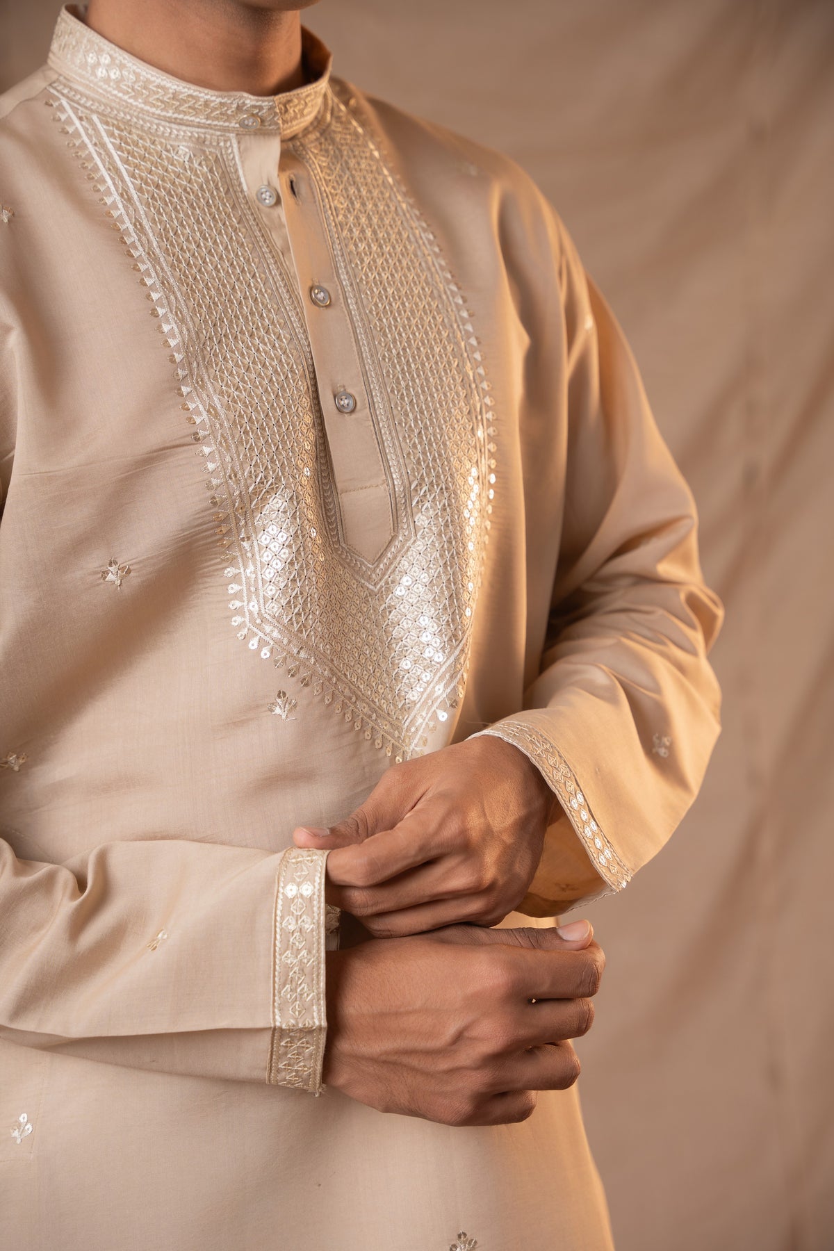 Coffee Sequence Embroidery Kurta for Men