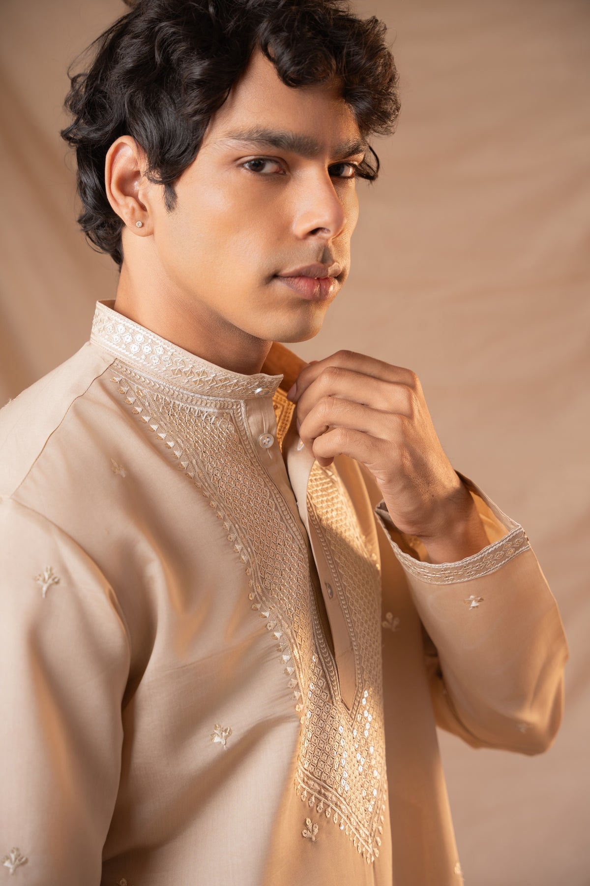 Coffee Sequence Embroidery Kurta for Men