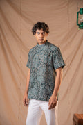 Teal batik print short kurta for men