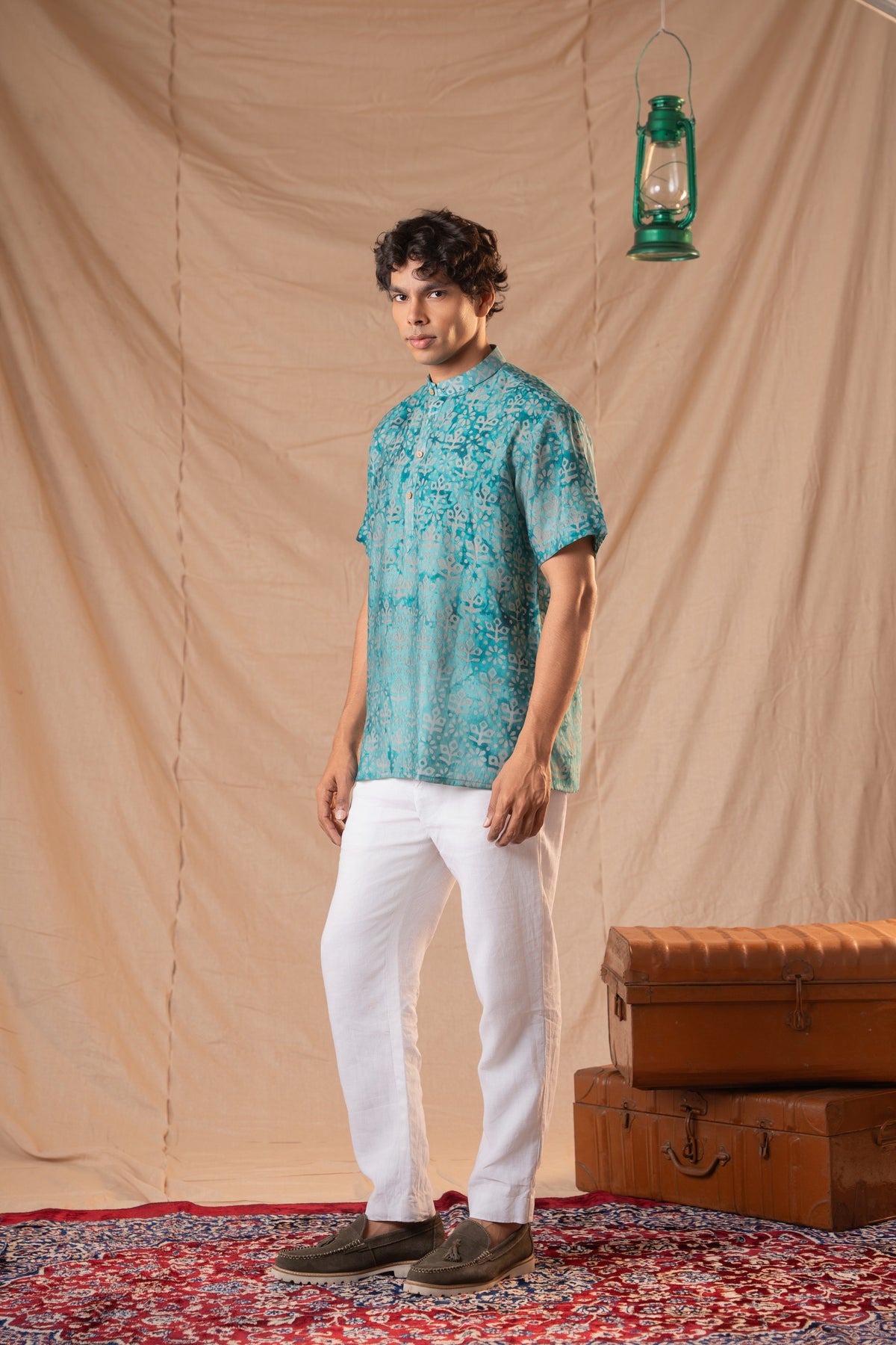 Jungle Green Batik Short Kurta For Men