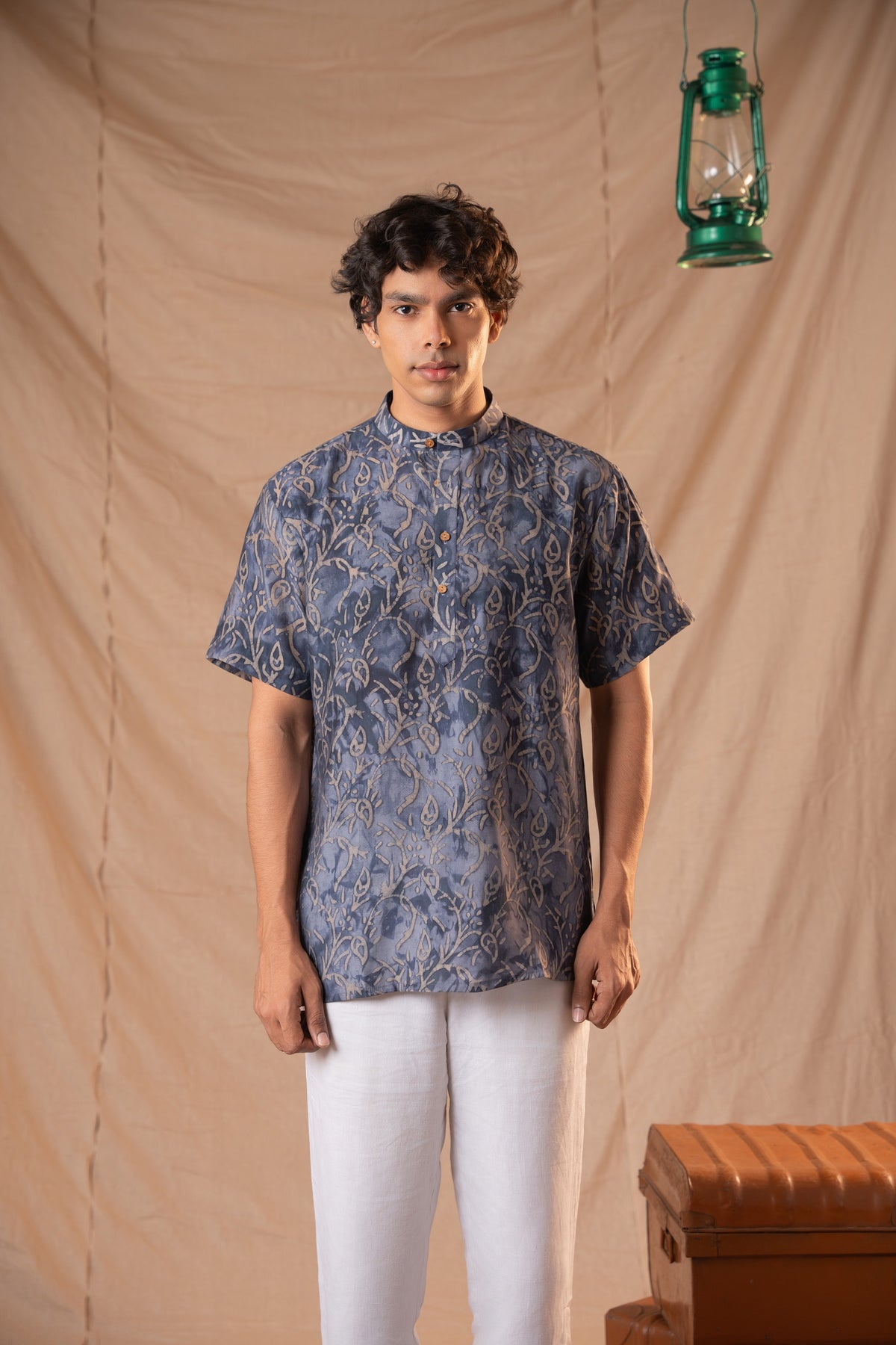 Navy Blue Batik Short Kurta For Men