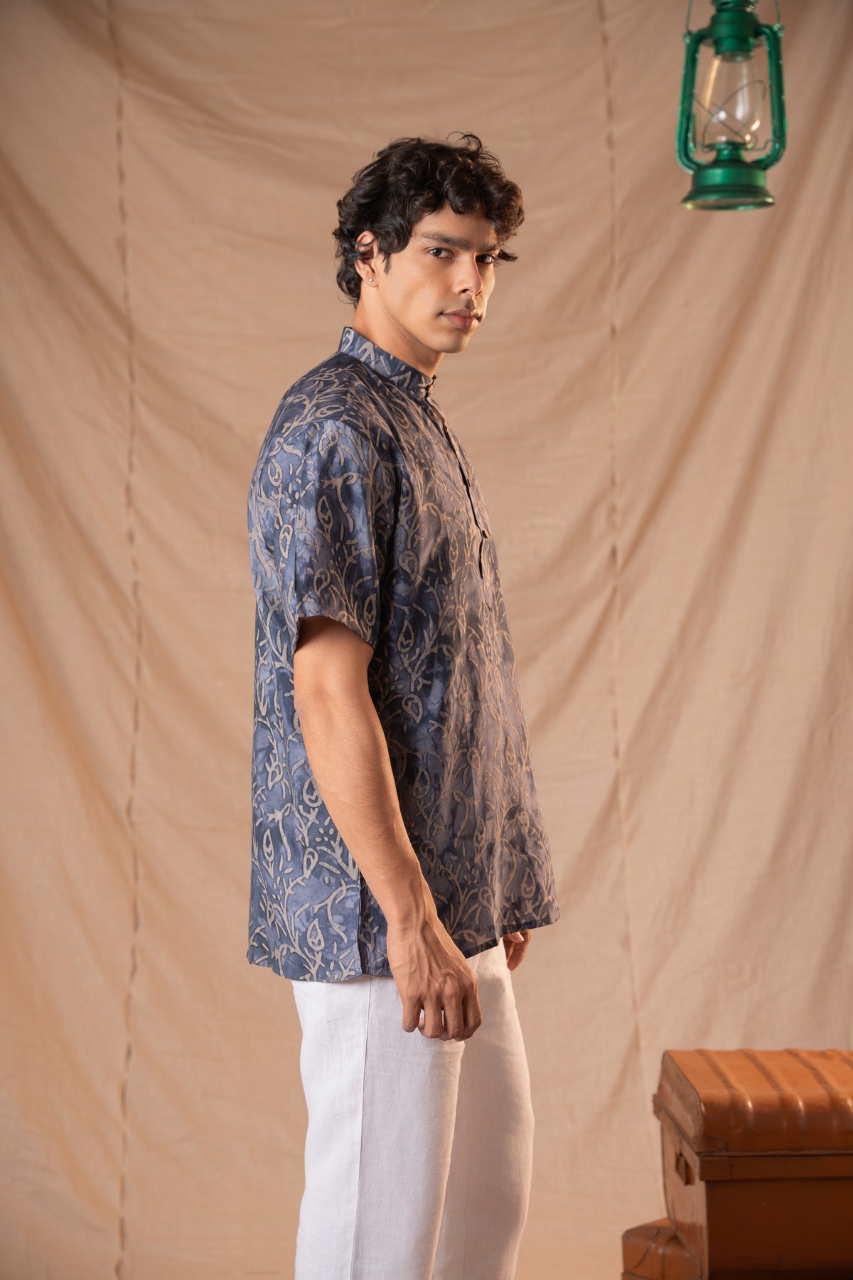 Navy Blue Batik Short Kurta For Men