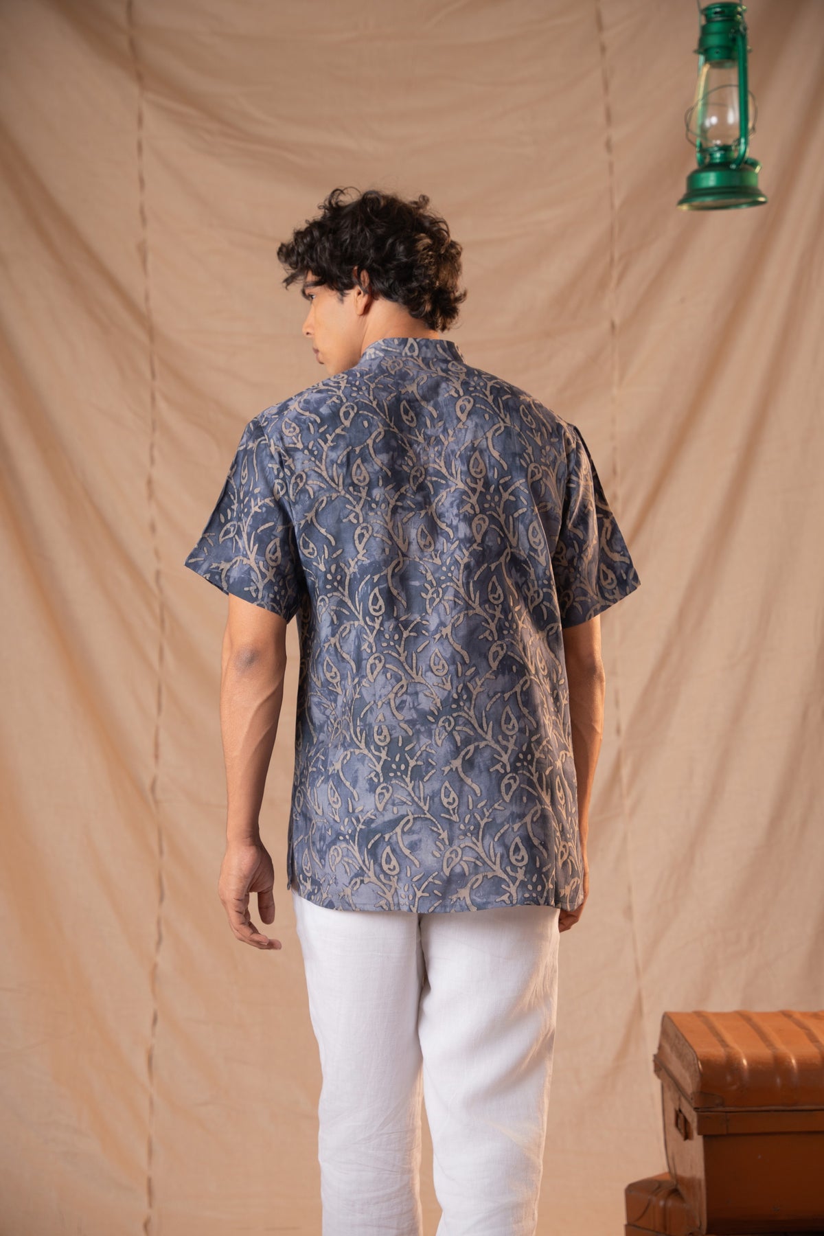 Navy Blue Batik Short Kurta For Men