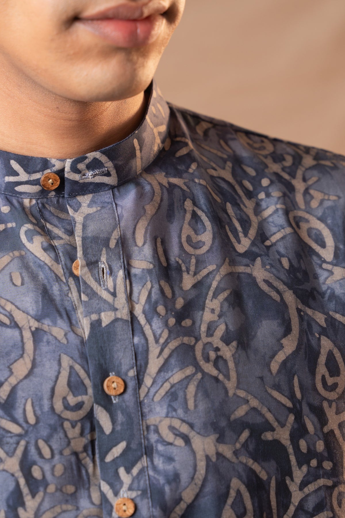 Navy Blue Batik Short Kurta For Men