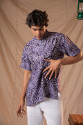 purple batik print short kurta for men