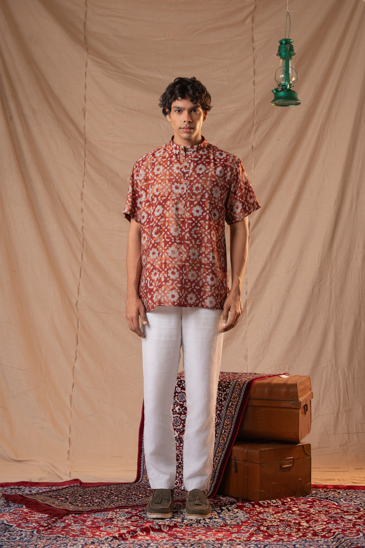 Blood Red Batik Print Short Kurta for Men