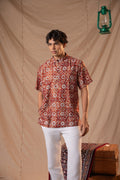 Blood Red Batik Print Short Kurta for Men