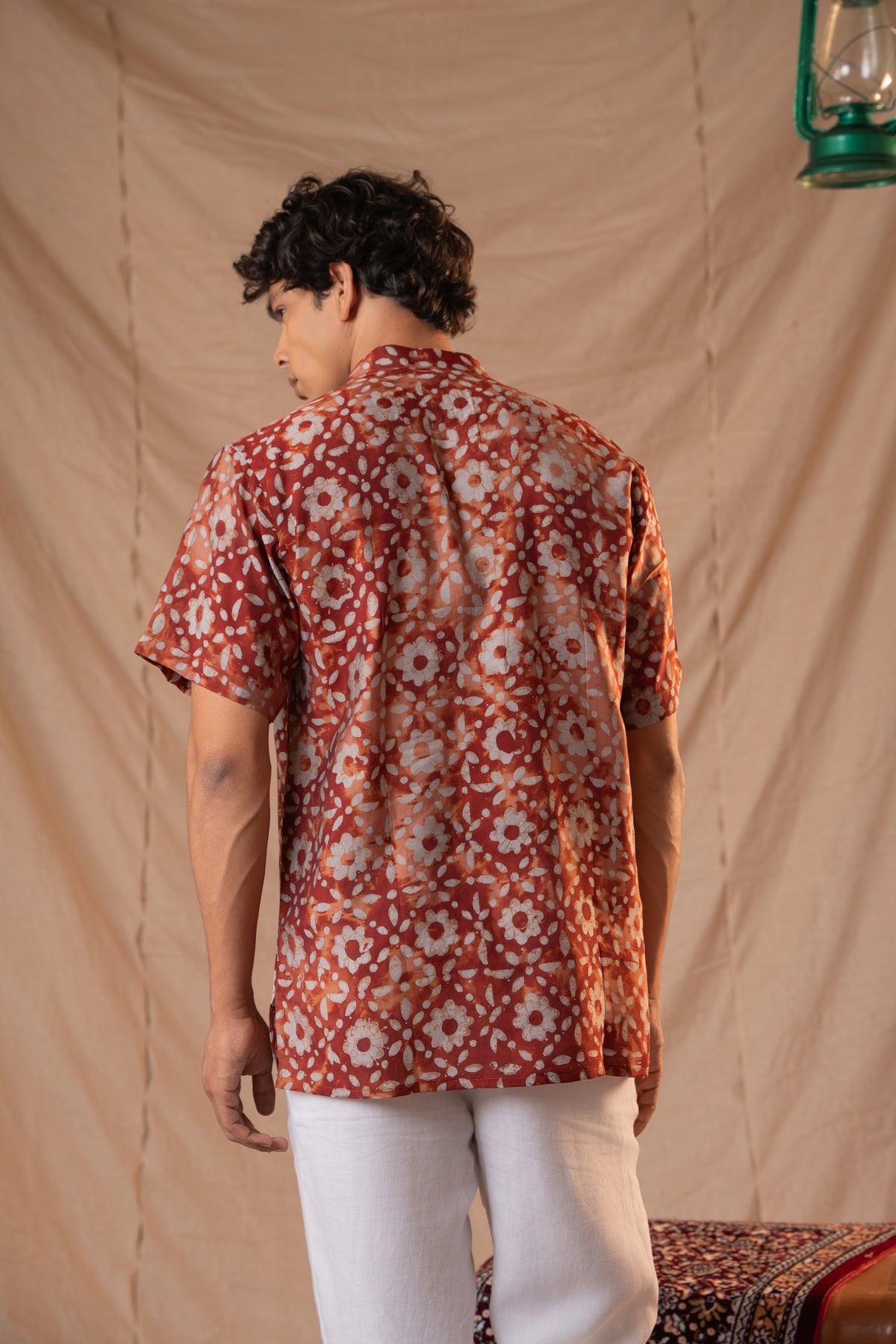 Blood Red Batik Print Short Kurta for Men