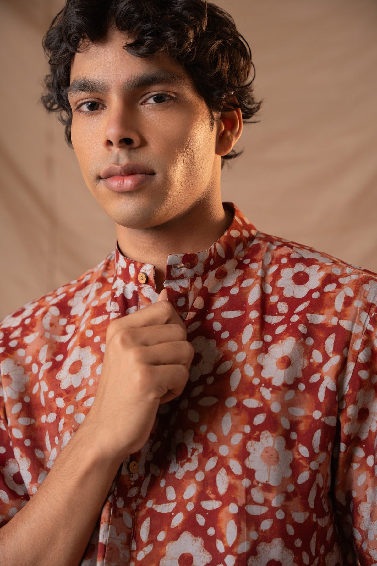 Blood Red Batik Print Short Kurta for Men