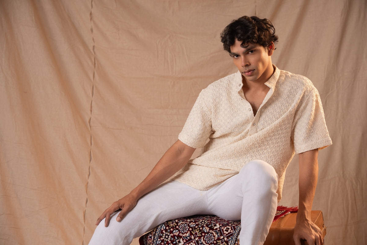 White Crochet Short Kurta For Men