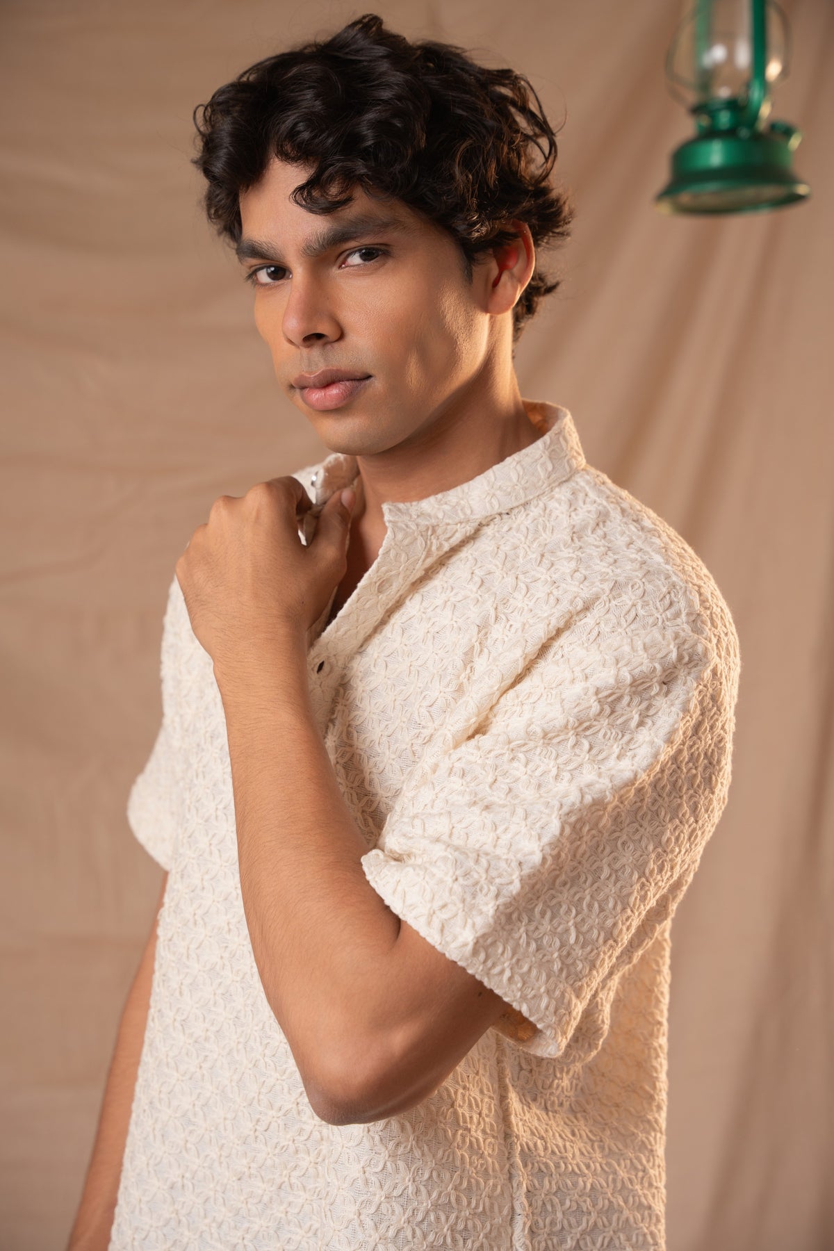 White Crochet Short Kurta For Men