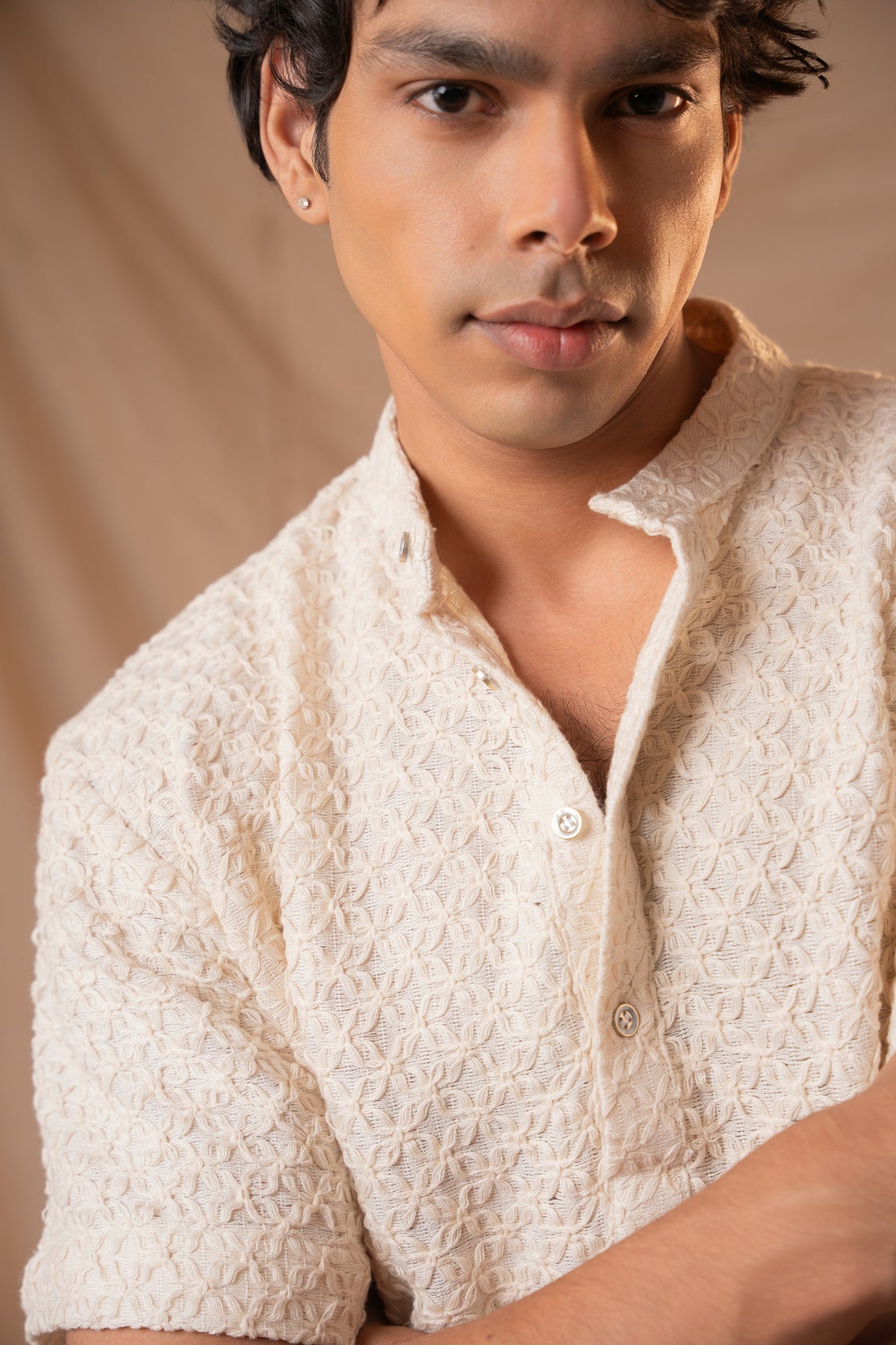 White Crochet Short Kurta For Men