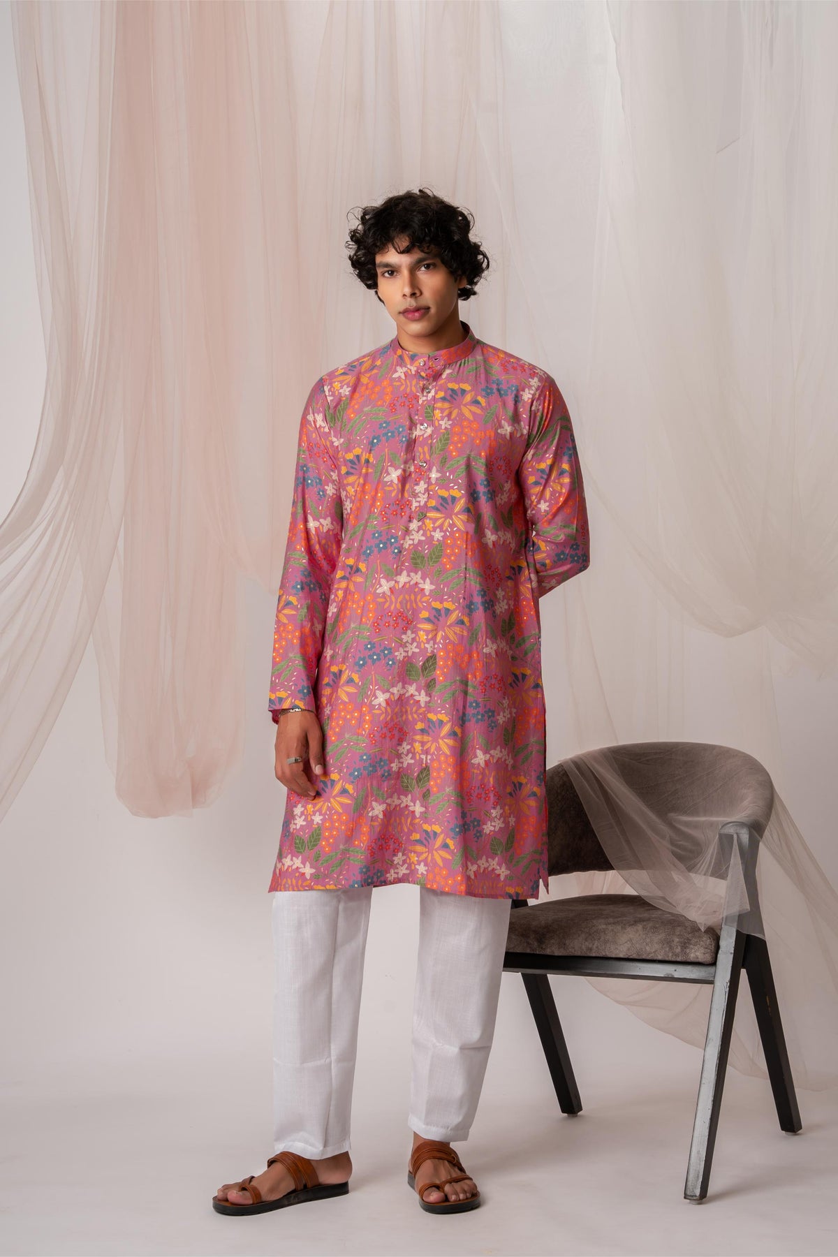 Dusty Pink Floral Printed Kurta For Men