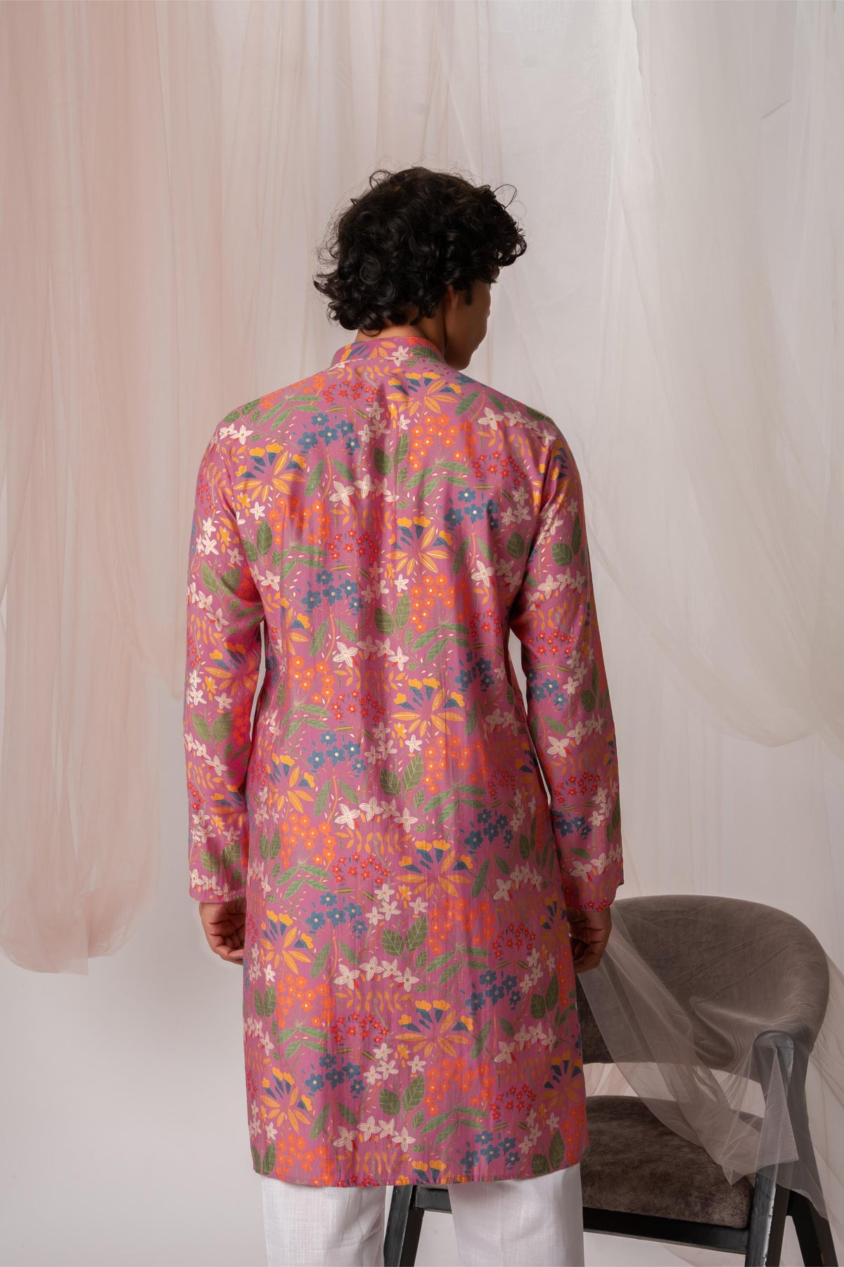 Dusty Pink Floral Printed Kurta For Men