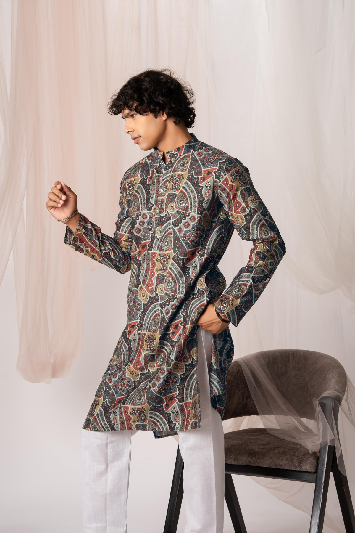 Coffee Brown Freehand Printed Kurta For Men