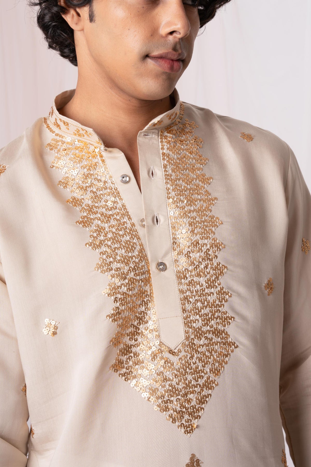 Beige Sequence Embroidery Kurta for Men